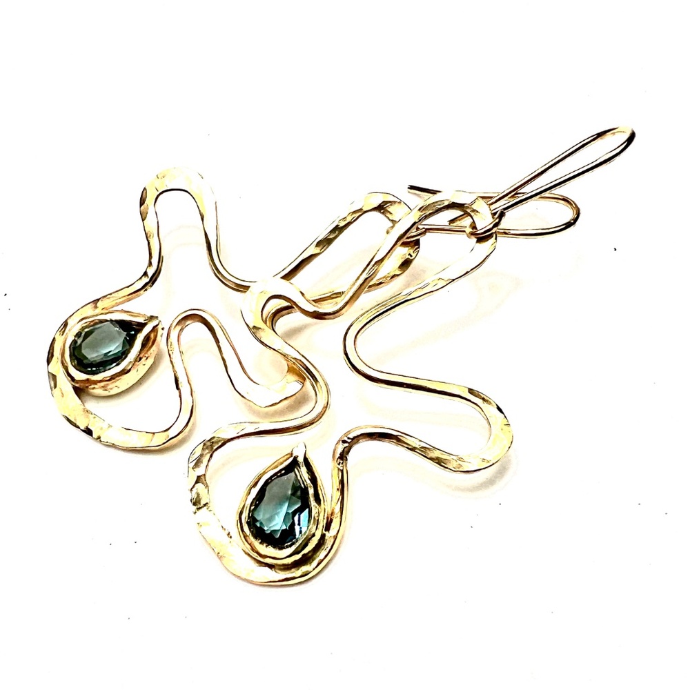 Handmade Natural Swiss Blue Topaz Earrings Solid 14K Yellow Gold 4th Anniversary - Picture 2 of 10